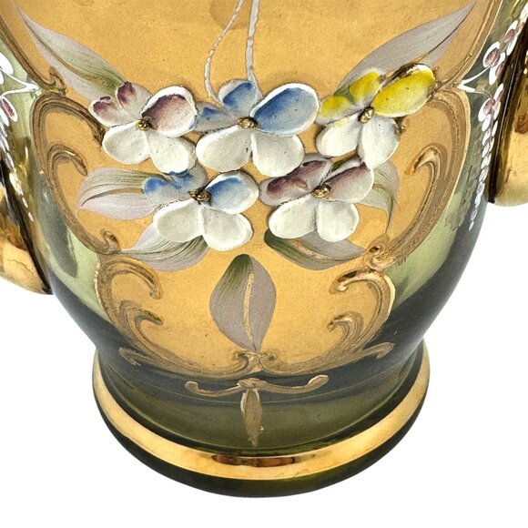Venetian Green Glass Teapot 24K Gold Overlay Murano Hand Painted Enamel Flowers - Picture 7 of 11